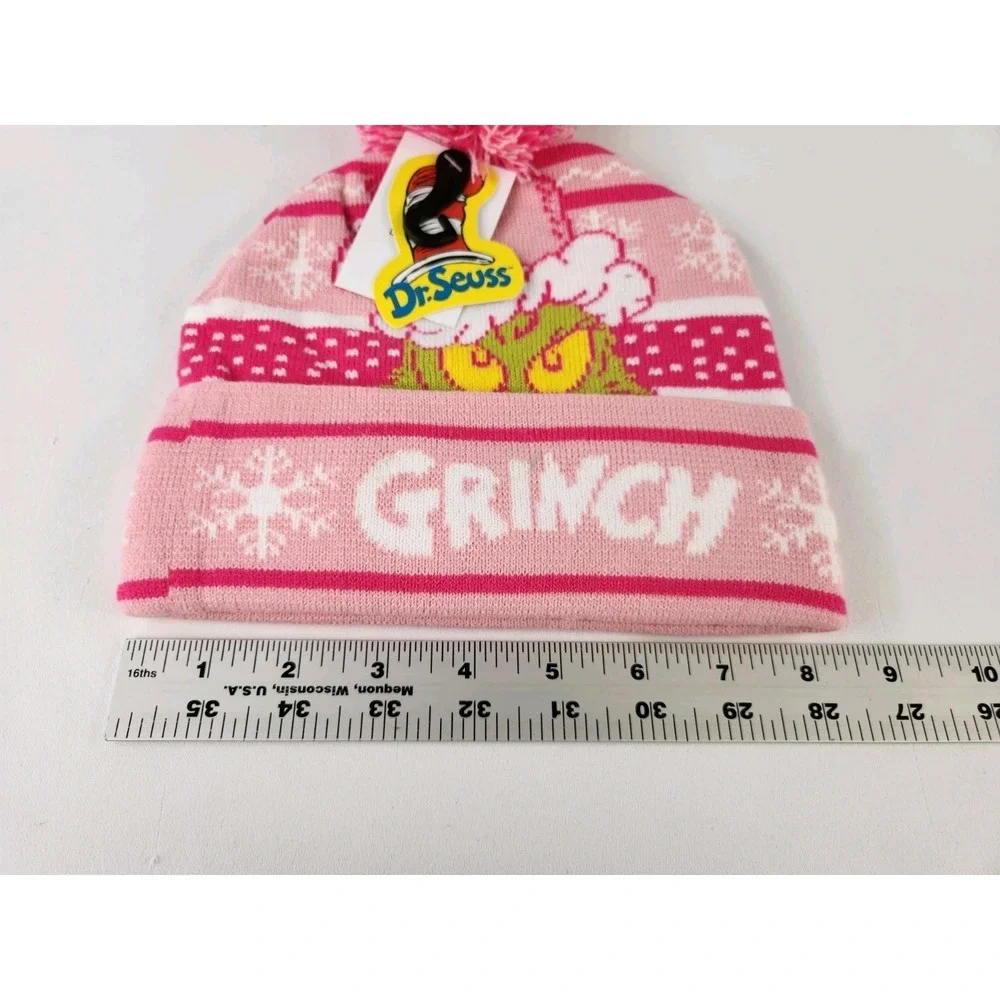 NEW Grinch Beanie stocking Hat One Size Fits Most Dr. Seuss Adult Size Pink  Pom